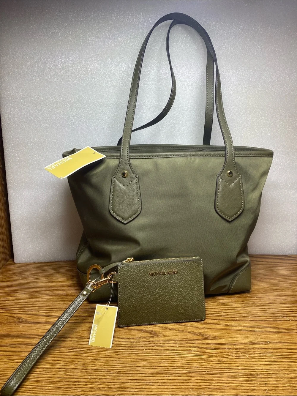 MICHAEL Kors Eva Small Zip Top Nylon Green Tote Shoulder Bag With Wallet Bundle